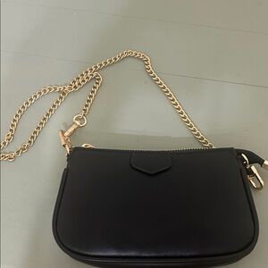 Black Leather Crossbody Bag with Gold Chain Strap